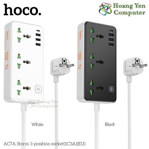 Ổ Cắm Hoco AC7A Đa Năng 2500W Dây 1.5m – Phích cắm EU, 3 Ổ Điện, 1 Cổng Type-C, 3 USB – BH 1 Năm – Hoàng Yến Computer