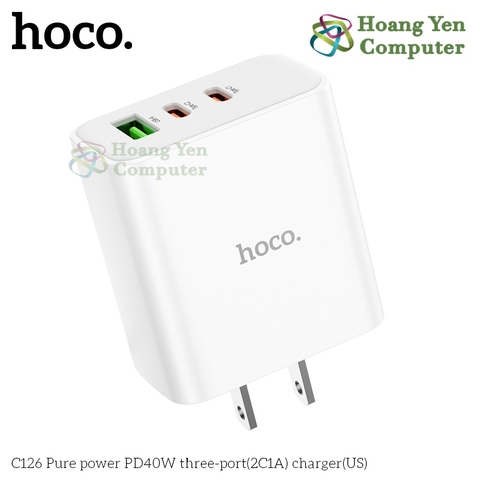 Cốc Sạc Nhanh HOCO C126 PD40W, QC 3.0 – 3 cổng (1 USB + 2 Type-C), Chuẩn US – BH 12 Tháng – Hoangyencomputer