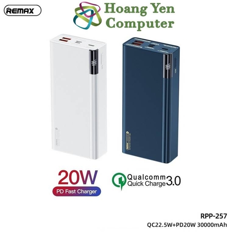 Sạc Dự Phòng Remax RPP-257 30000Mah (Sạc Nhanh QC3.0 18W, 22.5W, PD20W, VOOC 2.0) - BH 1 Năm - Hoàng Yến Computer