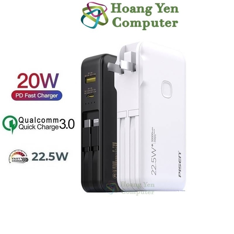 Sạc Dự Phòng Pisen TS-D312 10000mAh (Sạc Nhanh QC3.0, PD18W), Tích Hợp Cáp Sạc, Nguồn AC Sạc Trực Tiếp - BH 1 Năm