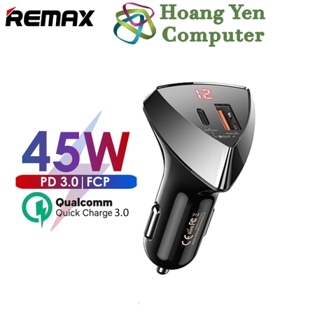 Tẩu Sạc Nhanh Xe Hơi Remax RCC232 (2 Cổng Sạc - USB và Type C) | Cốc sạc ô tô - Bảo hành 1 năm - Hoàng Yến Computer