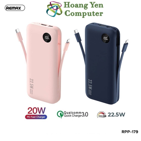 Sạc Dự Phòng Remax RPP-179 20000Mah (Sạc Nhanh QC3.0, VOOC 2.0  PD20W), Tích Hợp Cáp Sạc - BH 1 Năm - Hoàng Yến Computer