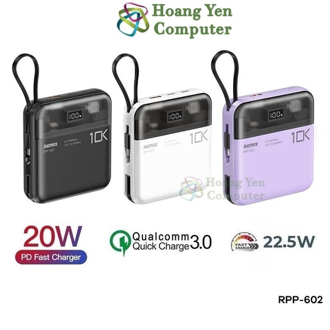 Sạc Dự Phòng Mini Remax RPP-602 10000Mah (Sạc Nhanh QC3.0, VOOC 2.0, PD20W), Tích Hợp Cáp Sạc - BH 1 Năm