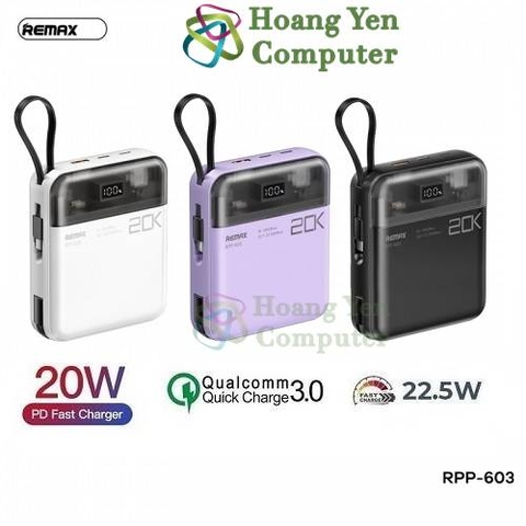 Sạc Dự Phòng Mini Remax RPP-603 20000Mah (Sạc Nhanh QC3.0, VOOC 2.0, PD20W), Tích Hợp Cáp Sạc - BH 1 Năm