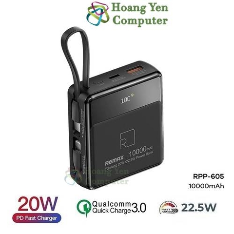 Sạc Dự Phòng Mini Remax RPP-605 10000Mah (Sạc Nhanh QC3.0, VOOC 2.0, PD20W), Tích Hợp Cáp Sạc - BH 1 Năm