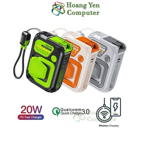 Sạc Dự Phòng Không Dây Wekome WP-89 10000Mah (Sạc Nhanh QC3.0, VOOC 2.0, PD20W), Tích Hợp Cáp, Nguồn AC Sạc Trực Tiếp