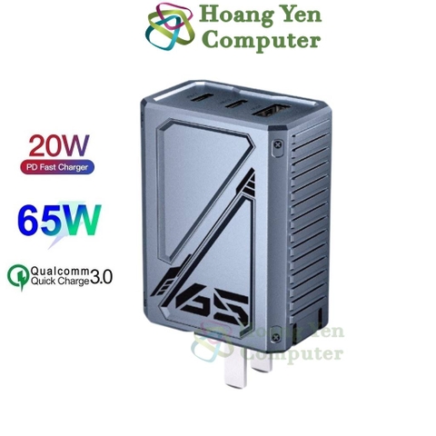 Cốc Sạc Nhanh GaN 65W Wekome WP-U147 3 Cổng Sạc (2 Type C và 1 USB, Chui Cắm Gắp Gọn) - BH 12T - Hoàng Yến Computer