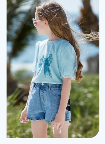 A59 - Áo phông xanh in nơ - 3140