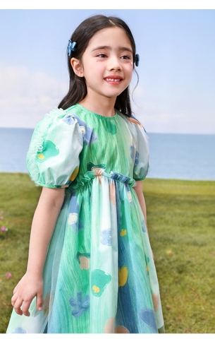 Váy xanh tay ôm họa tiết màu 3046