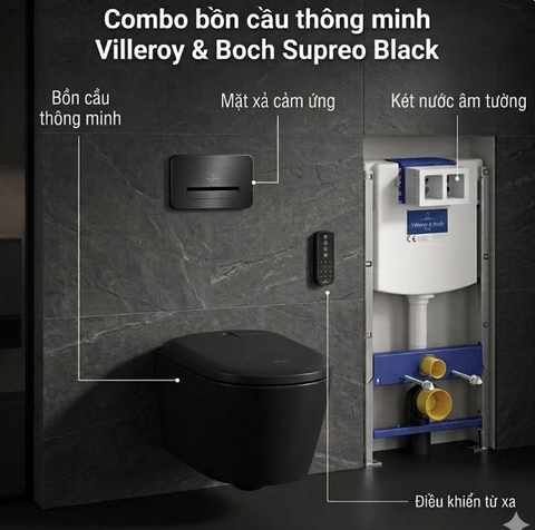 Combo Bồn cầu điện tử treo tường Villeroy & Boch ViClean Supreo Select Black+ két âm + mặt nhấn xả cảm ứng