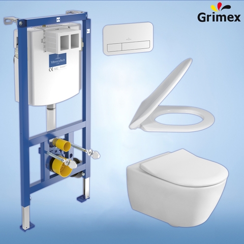 Combo bồn cầu treo tường Villeroy & Boch Subway 2.0 5614R0R2 + nắp bệt 9M78S1R2 + két âm + mặt nhấn xả