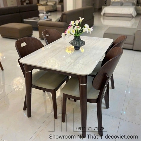 Bàn Ăn Mặt Đá Chân Gỗ 4 Ghế 2744S