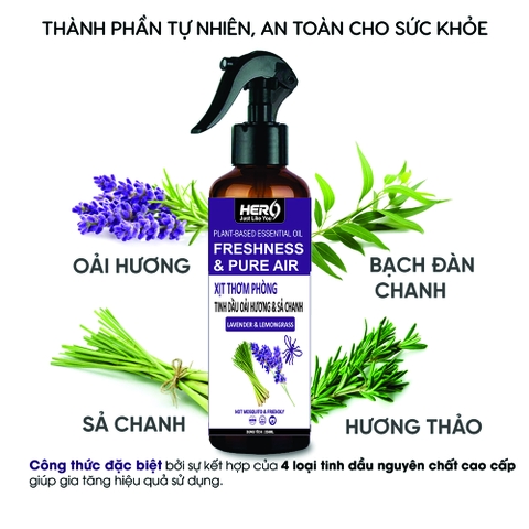 Xịt Thơm Phòng - Xua Đuổi Côn Trùng Hero - Hương Sả Chanh & Oải Hương