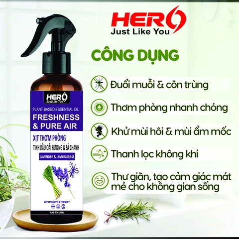 Xịt Thơm Phòng - Xua Đuổi Côn Trùng Hero - Hương Sả Chanh & Oải Hương
