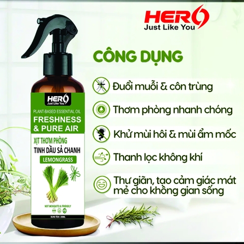Xịt Thơm Phòng - Xua Đuổi Côn Trùng Hero - Hương Sả Chanh