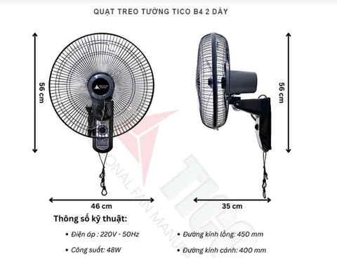 Quạt treo tường Tico B4 2 dây (Màu Xám)