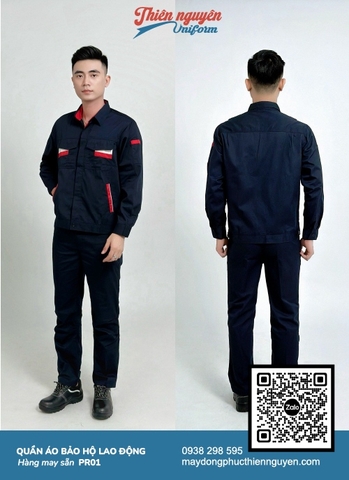 Bộ trang phục bả hộ lao động PR01 với tông màu chủ đạo xanh đen phối với các chi tiết trắng - đỏ khéo léo