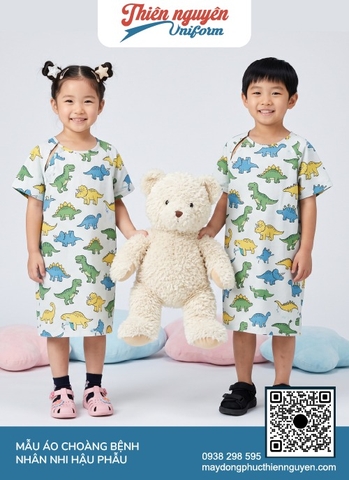 Mẫu áo choàng đồng phục bệnh nhân nhi khoa hậu phẫu thiết kế xẻ vai tháo mở linh hoạt