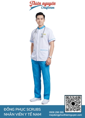 Mẫu đồng phục scrubs nha khoa màu trắng phối với xanh dương tạo sự chỉn chu chuyên nghiệp của phòng khám