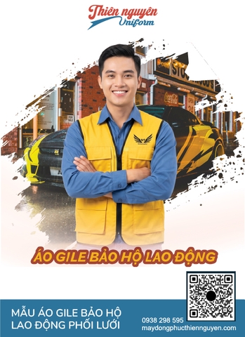Mẫu áo gile bảo hộ lao động phối lưới mà vàng may từ chất liệ kaki dày dặn