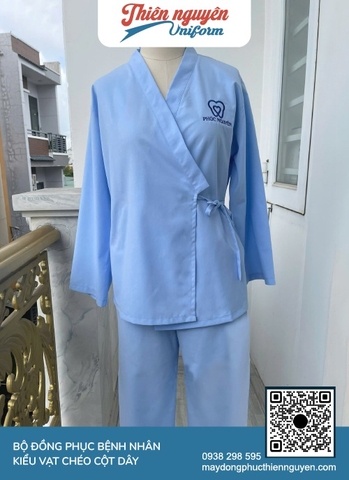 Bộ quần áo bệnh nhân kiểu vạt chéo màu xanh dương thiết kế tiện lợi cho bênh nhân dễ dáng thăm khám