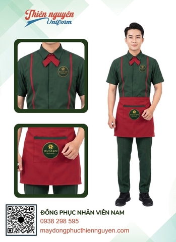 Mẫu trang phục nhân viên phục vụ nhà hàng Mai An Kim với áo sơ mi màu xanh , điểm nhấn chiếc áo  là nơ màu đỏ đô, kết hợp với tạp dề được in logo rõ nét
