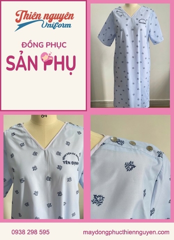 Mẫu đồng phục đầm cho sản phụ màu xanh pastel in họa tiết sắc nét