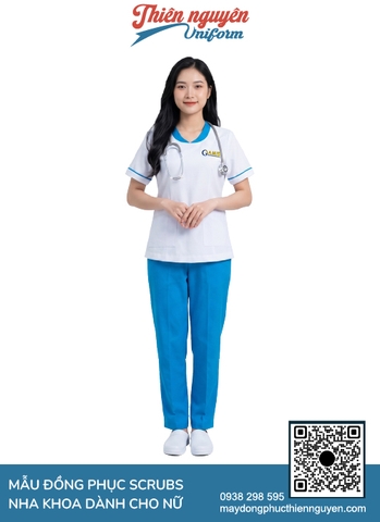 Mẫu đồng phục scrubs nha khoa màu trắng phối với xanh dương tạo sự chỉn chu chuyên nghiệp của phòng khám