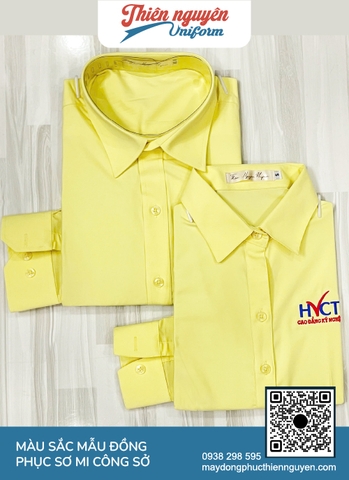 Mẫu áo sơmi đồng phuc công sở màu vàng pastel dịu nhẹ, hàng nút cùng tông màu