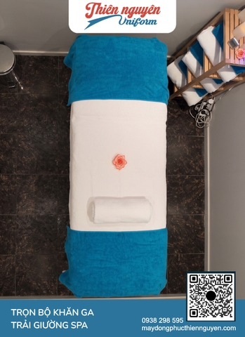 Bộ khăn trải, khăn đắp spa cotton 100% màu xanh dương bề mặt vải mềm xốp, thấm hút mồ hôi tốt