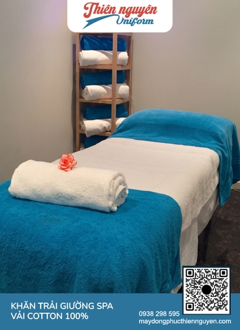 Bộ khăn trải, khăn đắp spa cotton 100% màu xanh dương bề mặt vải mềm xốp, thấm hút mồ hôi tốt
