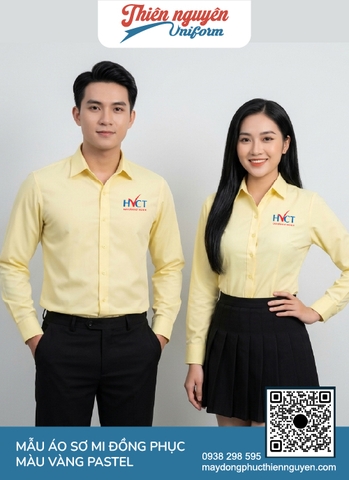 Mẫu áo sơmi đồng phuc công sở màu vàng pastel dịu nhẹ, hàng nút cùng tông màu