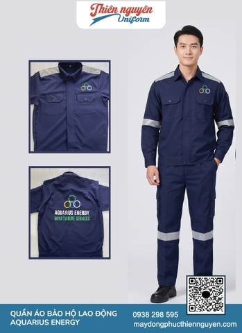 Bộ đồng phục bảo hộ lao động màu xanh navy có thêm dải phản quang ở phần vai, cánh tay và đầu gối