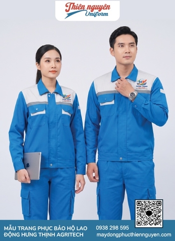 Mẫu đồng phục bảo hộ lao động Hưng Thịnh Agritech mùa xanh dương tươi mát phối với màu xám ở phần vai