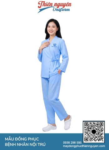 Bộ quần áo bệnh nhân kiểu vạt chéo màu xanh dương thiết kế tiện lợi cho bênh nhân dễ dáng thăm khám