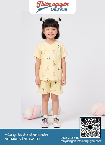 Mẫu quần áo bệnh nhân nhi kiểu dáng cộc tay quần ngắn thiết kế có nút cài