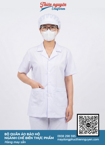 Mẫu đồng phục bảo hộ ngành thực phẩm tay ngắn, kèm mũ bảo hộ