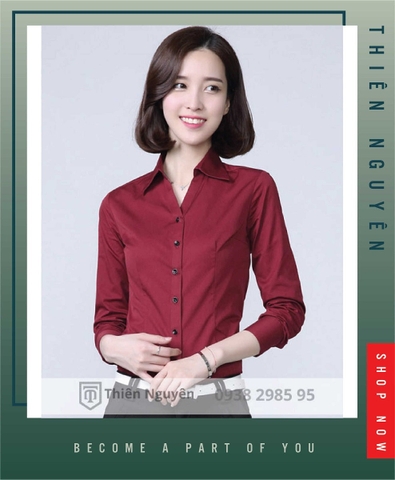 Áo sơ mi màu đỏ đô đính cườm cổ  C3765