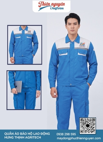 Mẫu đồng phục bảo hộ lao động Hưng Thịnh Agritech mùa xanh dương tươi mát phối với màu xám ở phần vai