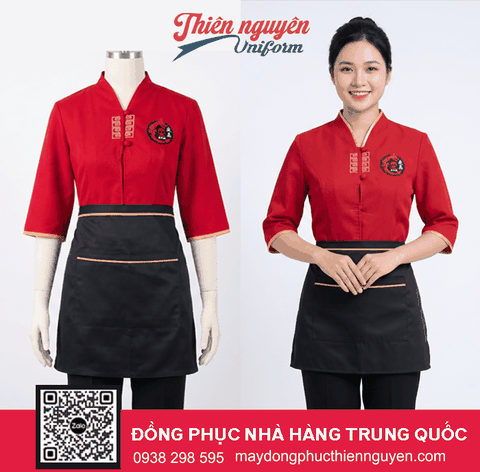 Đồng phục nhà hàng Trung Quốc màu đỏ cho nhân viên viên phục vụ, kiểu mẫu tôn dáng