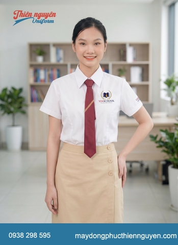 Đồng phục học sinh cấp 2 trường quốc tế Vinschool áo sơ mi đồng phục kết hợp với quần và váy màu be tạo sự thanh lịch, chỉn chu trong môi trường quốc tế học