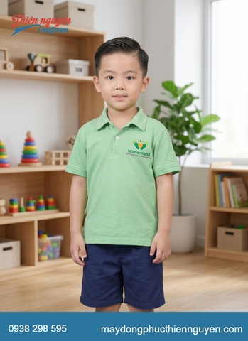 Đồng phục học sinh mầm non trường quốc tế Wisdomland với tông màu chủ đạo xanh lá mạ và xanh đậm