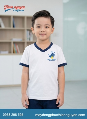 Đồng phục mầm non Trường Little Hands Montessori màu trắng phối xanh đậm