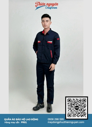 Bộ trang phục bả hộ lao động PR01 với tông màu chủ đạo xanh đen phối với các chi tiết trắng - đỏ khéo léo
