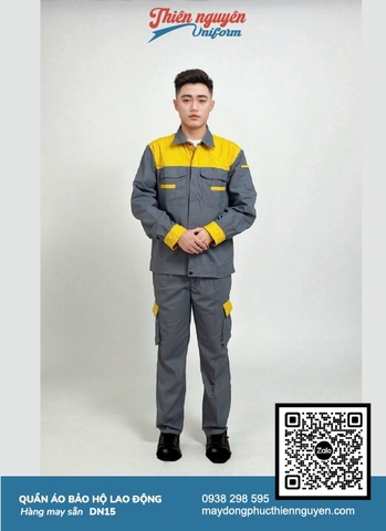 Mẫu đồng phục bảo họ lao động DN15 với tông màu xám vàng, sử dụng chất liệu vải kaki dày dặn