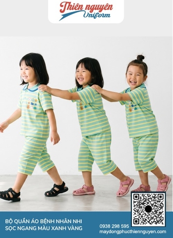 Bộ quần áo bệnh nhi khoa nhi thết kế cổ sơ mi có dải nút cài hoạc tiết sọc ngang