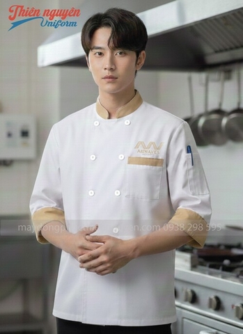 Đồng phục áo bếp nam màu trắng phối kem - 030