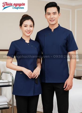 Đồng phục buồng phòng khách sạn cho nam nữ màu xanh đen