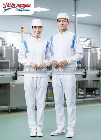 đồng phục công nhân thực phẩm màu trắng phối xanh
