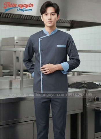 Đồng Phục Đầu Bếp Màu Xám Phối Xanh Ngọc